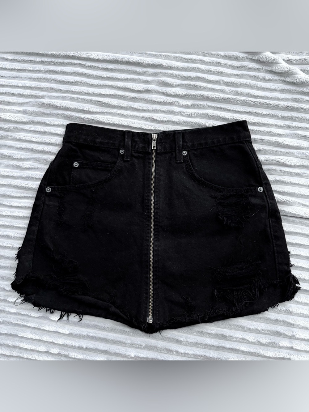 Carmar Black Distressed Front-Zip Denim high waist Mini Skirt